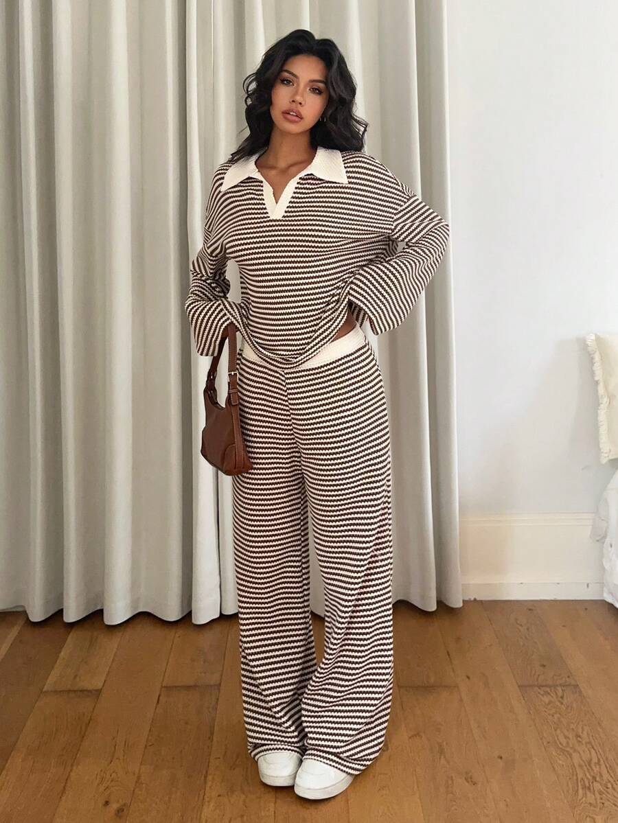 Set Tejido Rayas Top Manga Larga y Pantalón Wide Leg - Now & She - vista 7