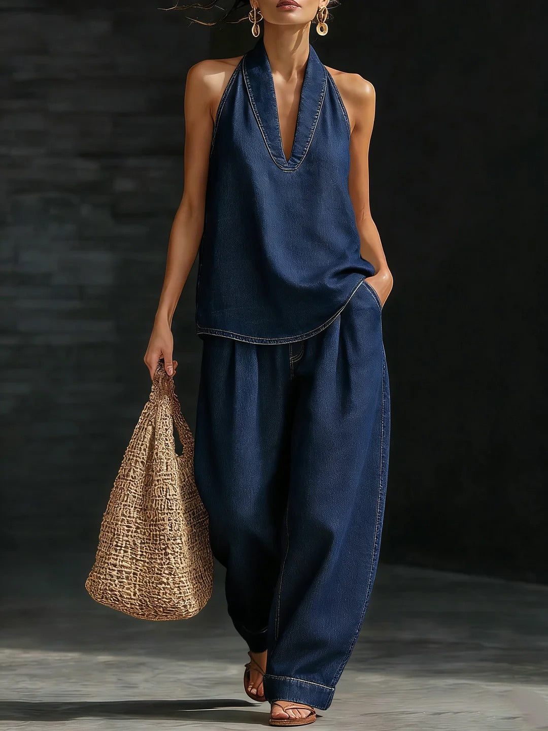 Set Casual Lino Top V y Pantalón Recto - Now & She - vista 10