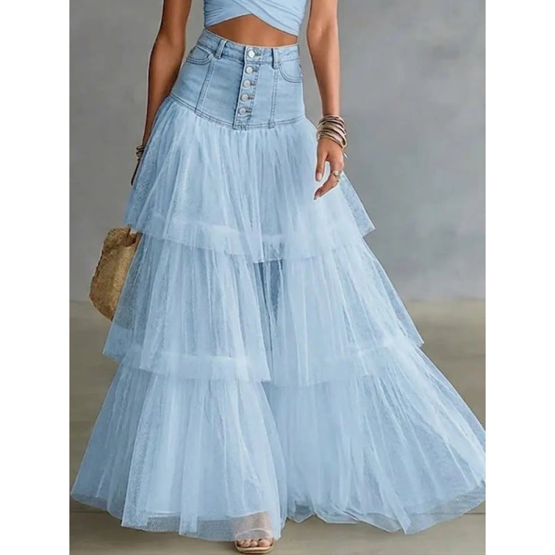Falda Maxiplegada Mesh Denim Style - Now & She - vista 1