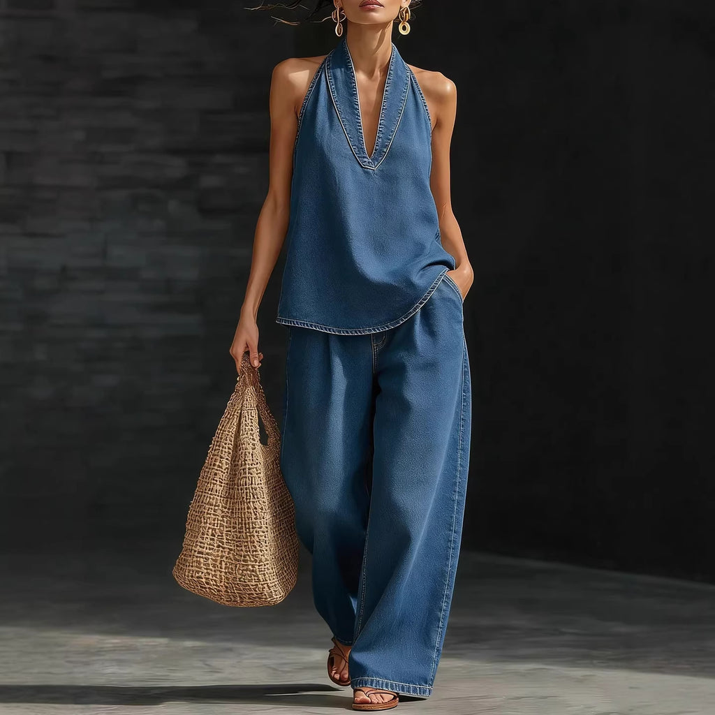 Set Casual Lino Top V y Pantalón Recto - Now & She - vista 3