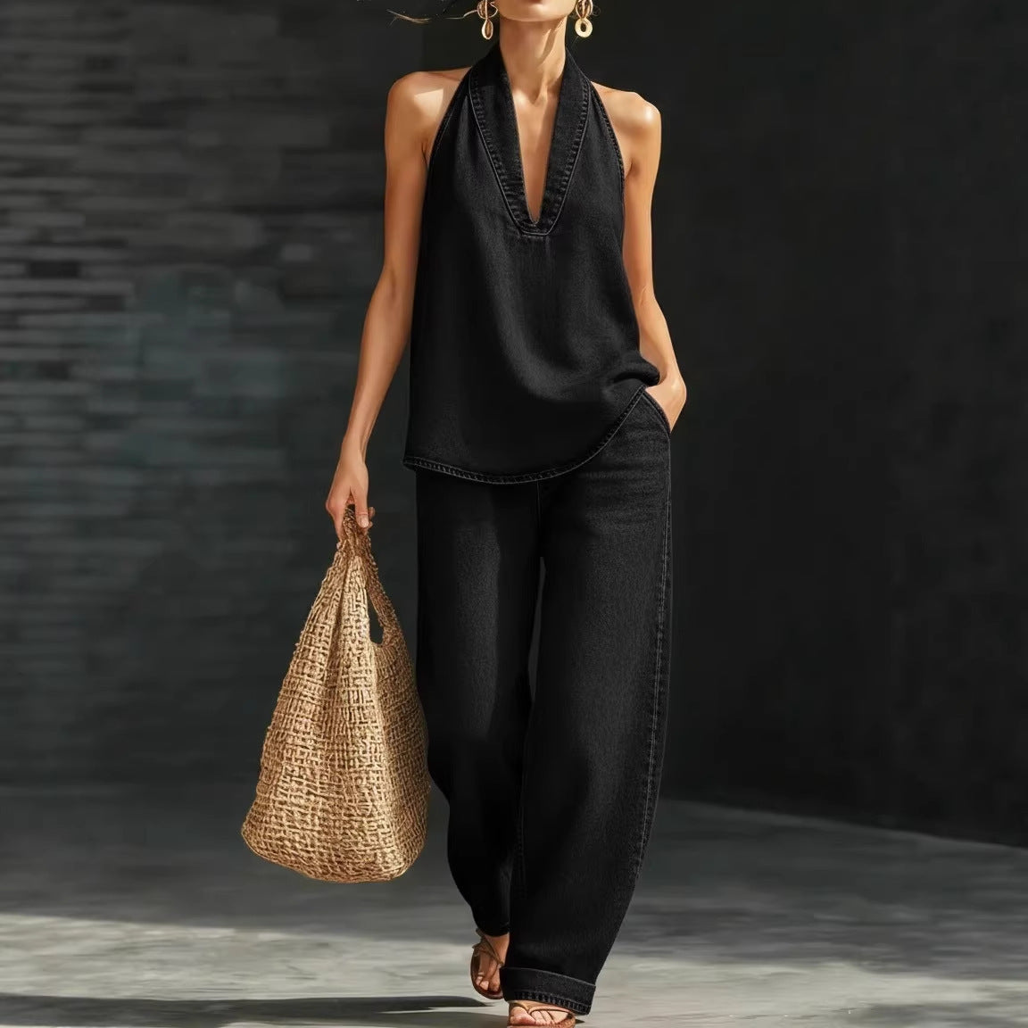 Set Casual Lino Top V y Pantalón Recto - Now & She - vista 5