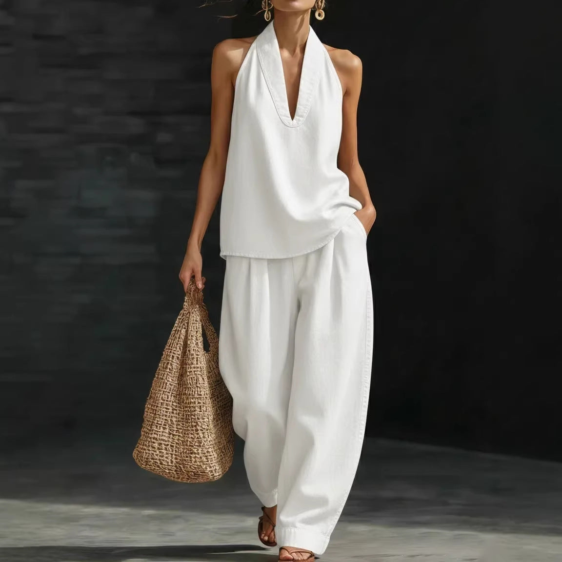 Set Casual Lino Top V y Pantalón Recto - Now & She - vista 4